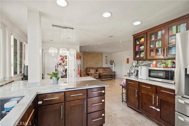 2350 Robert Rd, Rowland Heights, CA 91748 - kitchen with stainless steel appliances, recessed lighting, tasteful backsplash, glass insert cabinets, and light tile patterned floors