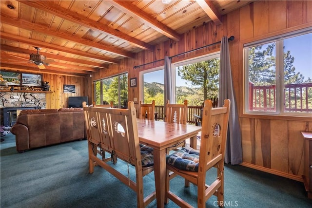 43656 Ridge Crest Dr, Big Bear Lake, CA 92315 - carpeted dining room with wooden ceiling with exposed beams, wood walls, and ceiling fan