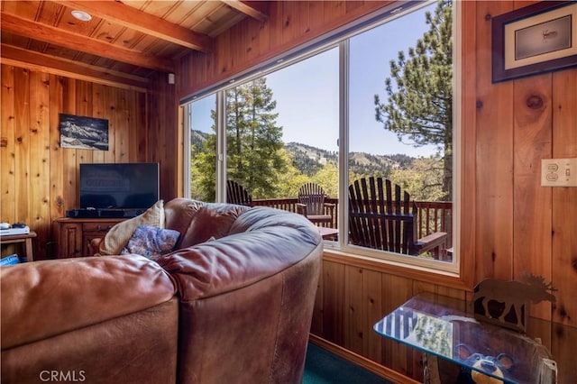 43656 Ridge Crest Dr, Big Bear Lake, CA 92315 - living room with wood walls and wooden ceiling with exposed beams