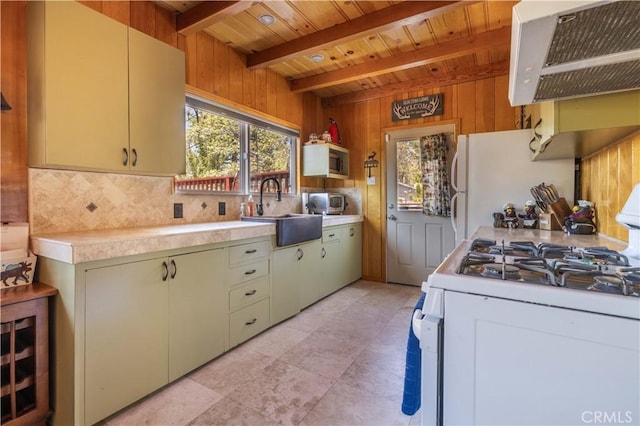 43656 Ridge Crest Dr, Big Bear Lake, CA 92315 - kitchen with white appliances, a sink, range hood, light countertops, and beverage cooler