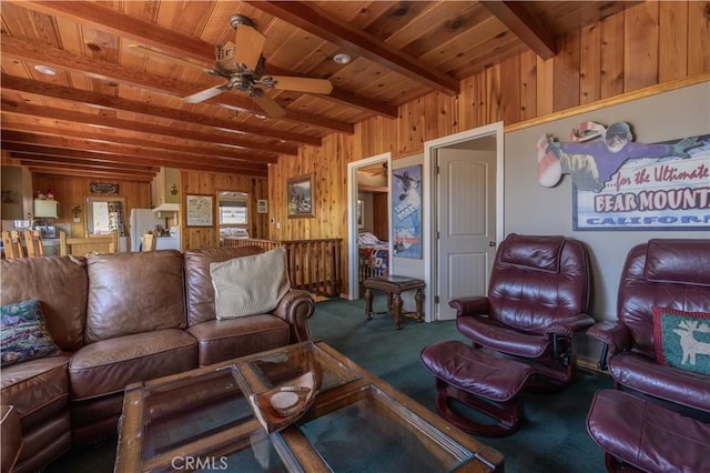 43656 Ridge Crest Dr, Big Bear Lake, CA 92315 - living area with wooden walls, ceiling fan, carpet floors, and wood ceiling with exposed beams