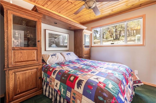 43656 Ridge Crest Dr, Big Bear Lake, CA 92315 - bedroom featuring wood ceiling, carpet flooring, ceiling fan, and crown molding