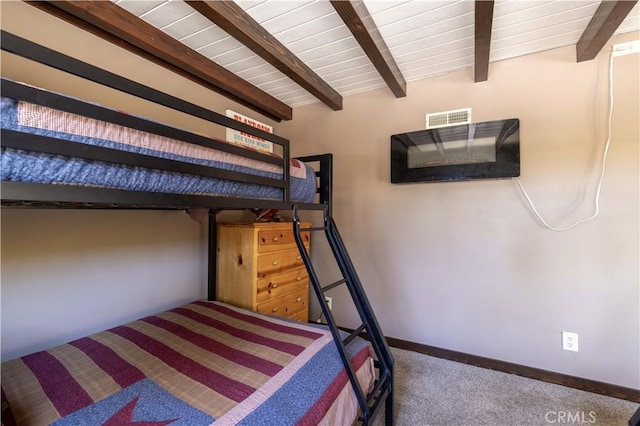 43656 Ridge Crest Dr, Big Bear Lake, CA 92315 - bedroom with carpet floors, wooden ceiling, and baseboards
