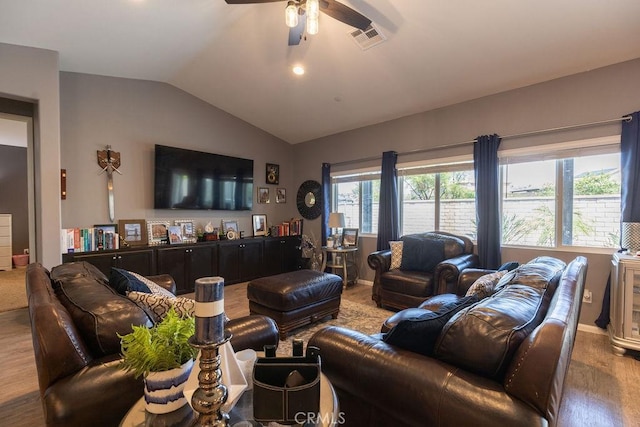 24802 Sandy Trail Pl, Menifee, CA 92584 - living room with vaulted ceiling, wood finished floors, and ceiling fan