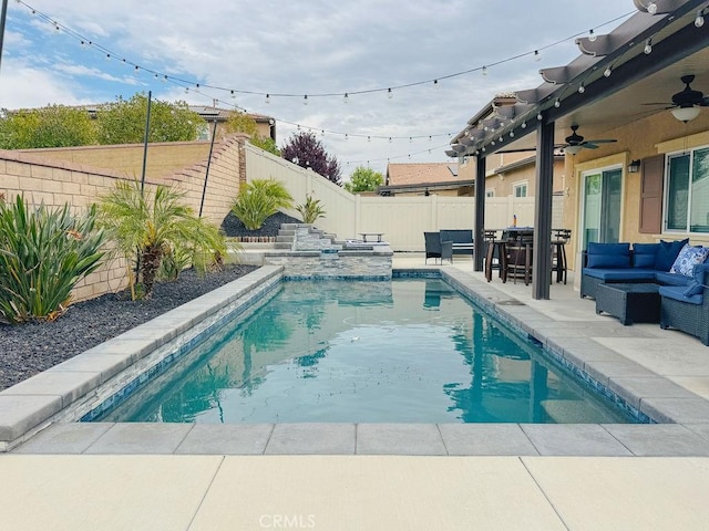 24802 Sandy Trail Pl, Menifee, CA 92584 - view of pool featuring an outdoor hangout area, a fenced backyard, a patio, and a ceiling fan