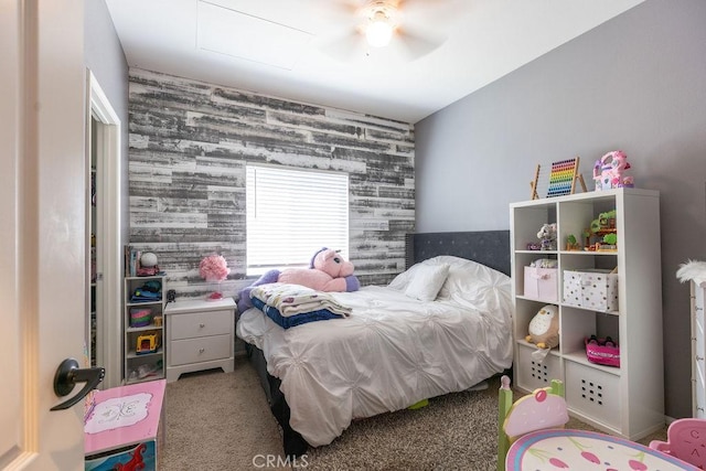 24802 Sandy Trail Pl, Menifee, CA 92584 - carpeted bedroom featuring an accent wall, wallpapered walls, and a ceiling fan