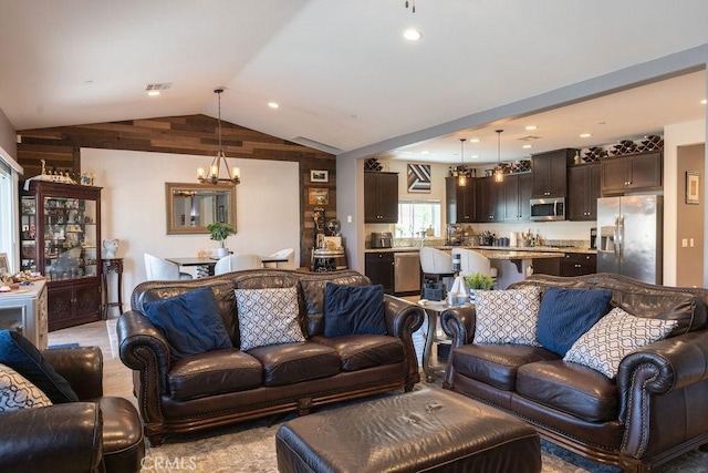 24802 Sandy Trail Pl, Menifee, CA 92584 - living room featuring a chandelier, vaulted ceiling, and recessed lighting