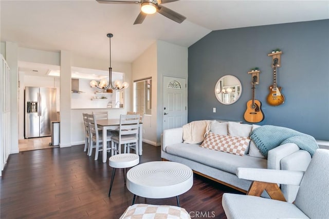2444 Paseo Circulo, Tustin, CA 92782 - living room featuring a chandelier, a ceiling fan, lofted ceiling, wood finished floors, and baseboards