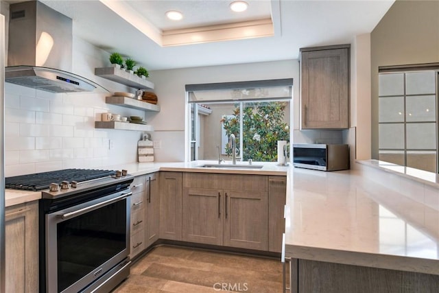 2444 Paseo Circulo, Tustin, CA 92782 - kitchen featuring island exhaust hood, appliances with stainless steel finishes, open shelves, light countertops, and recessed lighting