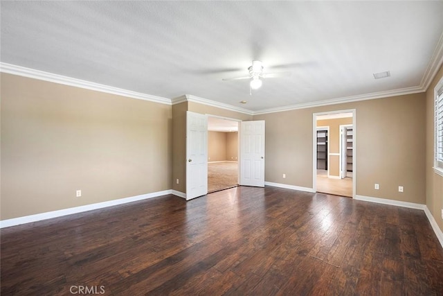 39766 Pinedale Way, Murrieta, CA 92562 - empty room with ceiling fan, dark wood-style flooring, and crown molding