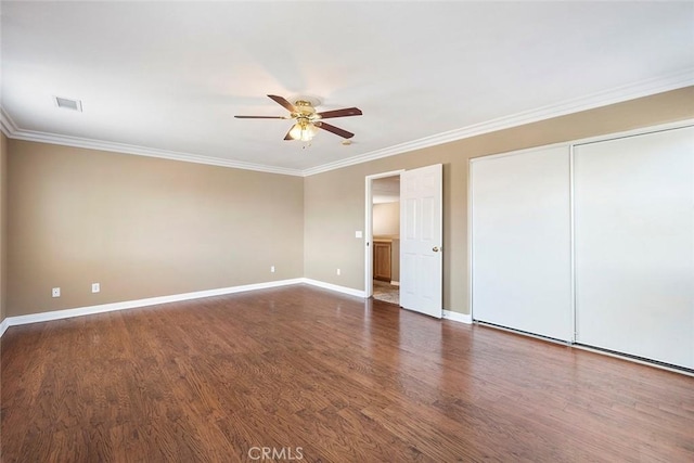 39766 Pinedale Way, Murrieta, CA 92562 - unfurnished bedroom with crown molding, wood finished floors, and a ceiling fan