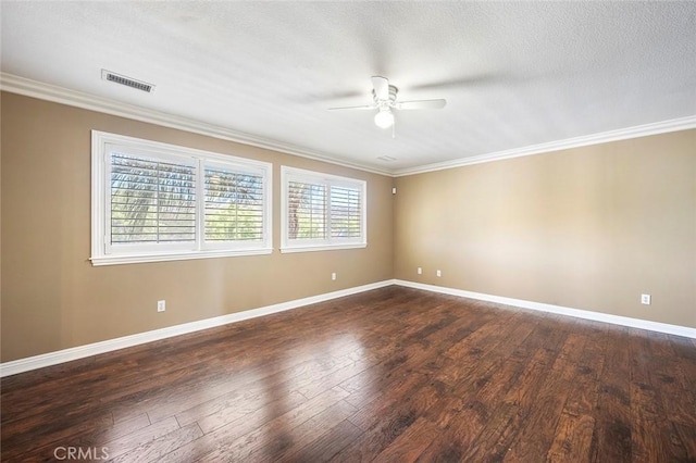 39766 Pinedale Way, Murrieta, CA 92562 - spare room with a ceiling fan, ornamental molding, dark wood-style flooring, and a textured ceiling