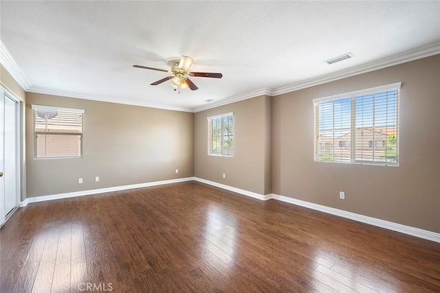 39766 Pinedale Way, Murrieta, CA 92562 - empty room featuring a ceiling fan, dark wood-style floors, and ornamental molding