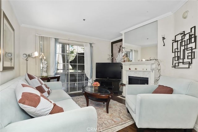 4401 Sepulveda Blvd Unit 112, Sherman Oaks, CA 91403 - living area featuring ornamental molding, wood finished floors, and a fireplace