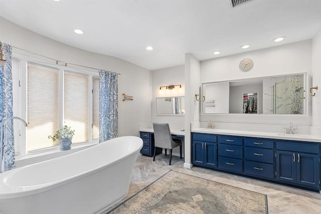 2528 Windmill View Rd, El Cajon, CA 92020 - full bathroom featuring double vanity, a freestanding tub, recessed lighting, a shower, and marble finish flooring