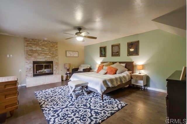 2528 Windmill View Rd, El Cajon, CA 92020 - bedroom featuring wood finished floors, a fireplace, baseboards, and ceiling fan