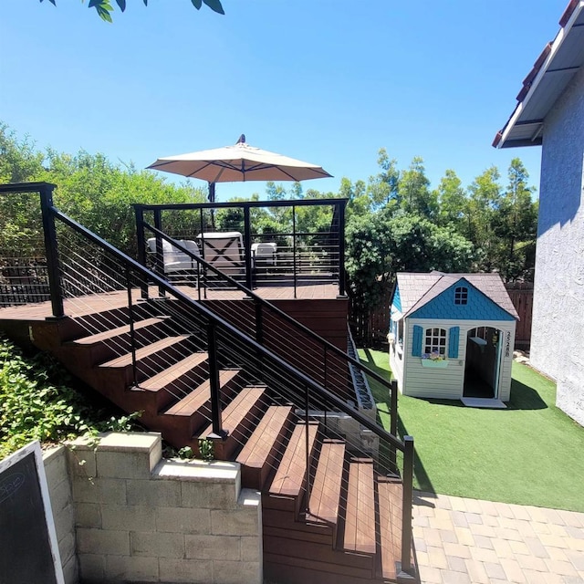 2528 Windmill View Rd, El Cajon, CA 92020 - wooden deck featuring stairs and an outdoor structure