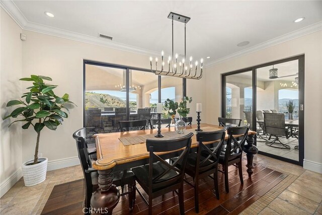 21925 Heatheridge Dr, Yorba Linda, CA 92887 - dining room featuring baseboards, plenty of natural light, ornamental molding, recessed lighting, and a chandelier