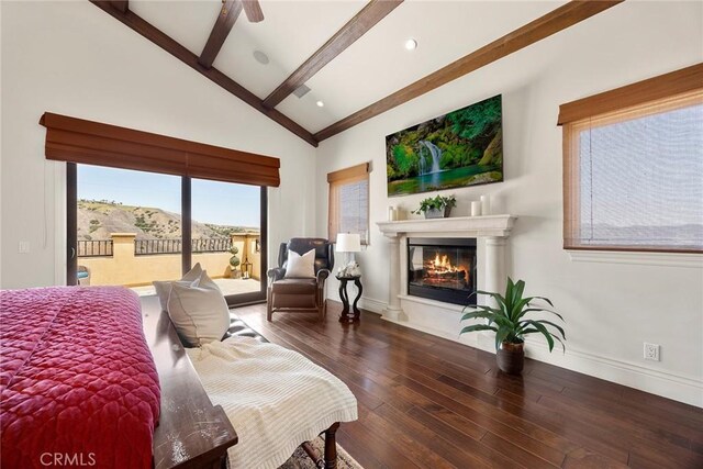 21925 Heatheridge Dr, Yorba Linda, CA 92887 - bedroom with access to exterior, a glass covered fireplace, hardwood / wood-style flooring, baseboards, and ceiling fan
