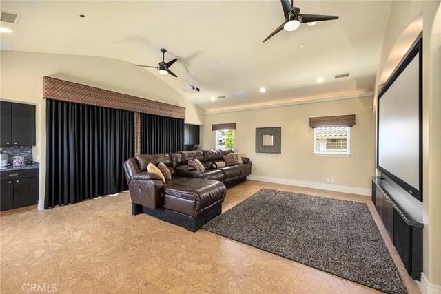 21925 Heatheridge Dr, Yorba Linda, CA 92887 - cinema room featuring a ceiling fan, lofted ceiling, light carpet, recessed lighting, and baseboards
