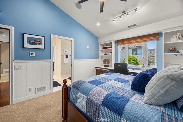 21925 Heatheridge Dr, Yorba Linda, CA 92887 - bedroom with a wainscoted wall, lofted ceiling, and ceiling fan