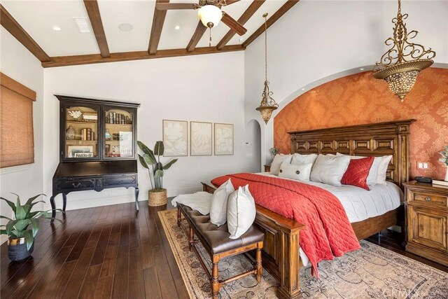21925 Heatheridge Dr, Yorba Linda, CA 92887 - bedroom featuring beamed ceiling, wood finished floors, arched walkways, baseboards, and high vaulted ceiling