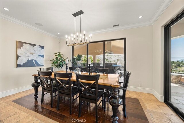 21925 Heatheridge Dr, Yorba Linda, CA 92887 - dining space featuring baseboards, ornamental molding, a chandelier, recessed lighting, and stone tile flooring