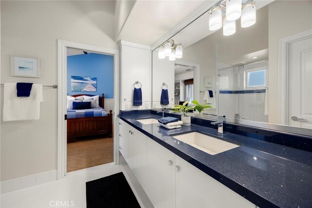 21925 Heatheridge Dr, Yorba Linda, CA 92887 - bathroom with double vanity, ensuite bath, a shower with shower door, and a chandelier