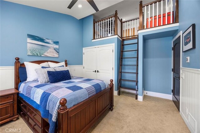 21925 Heatheridge Dr, Yorba Linda, CA 92887 - bedroom featuring a wainscoted wall, light carpet, a ceiling fan, and a closet