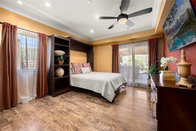 21925 Heatheridge Dr, Yorba Linda, CA 92887 - bedroom with crown molding, light wood-style floors, access to outside, and a ceiling fan