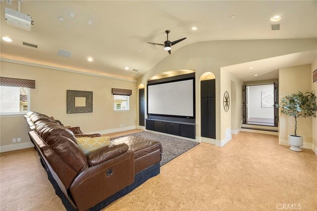 21925 Heatheridge Dr, Yorba Linda, CA 92887 - home theater room featuring lofted ceiling, ceiling fan, light carpet, recessed lighting, and baseboards