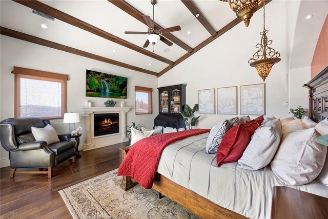 21925 Heatheridge Dr, Yorba Linda, CA 92887 - bedroom with a lit fireplace, beamed ceiling, hardwood / wood-style floors, recessed lighting, and high vaulted ceiling