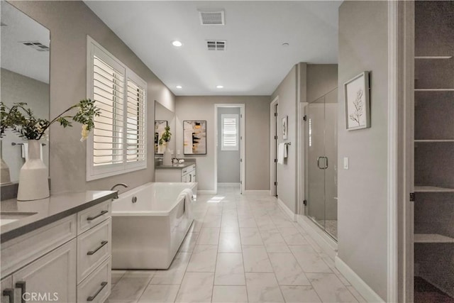 370 Sawbuck, Irvine, CA 92618 - full bath featuring marble look tiles, vanity, a stall shower, a bath, and recessed lighting