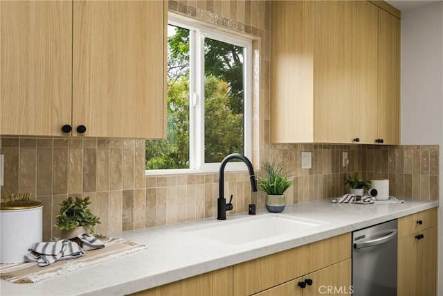 5161 E 27th St, Long Beach, CA 90815 - kitchen with dishwasher, light brown cabinets, and backsplash