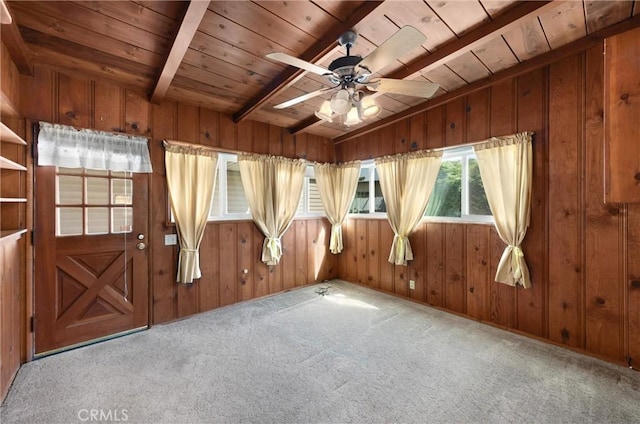 1995 Cadillac Dr, Pomona, CA 91767 - unfurnished room with a wood ceiling with exposed beams, carpet floors, wooden walls, and ceiling fan