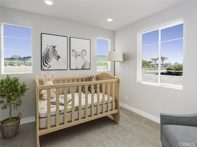 1474 Skyline Ln, San Pedro, CA 90732 - bedroom featuring carpet, baseboards, a crib, and recessed lighting