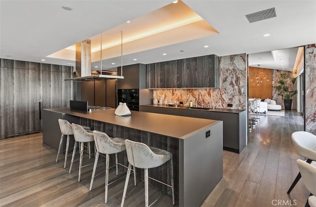 15 Torrey Pines Ln, Newport Beach, CA 92660 - kitchen featuring modern cabinets, a sink, a kitchen bar, a tray ceiling, and light wood-style floors