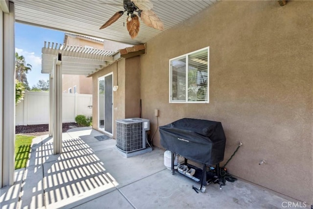 33184 Puffin St, Temecula, CA 92592 - view of patio / terrace with ceiling fan, a pergola, central AC unit, and area for grilling