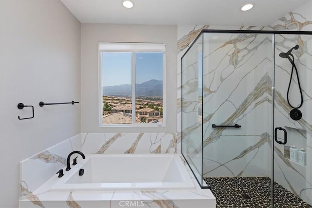 11313 Atlas Ct, Corona, CA 92883 - bathroom featuring a bath, a marble finish shower, a mountain view, and recessed lighting