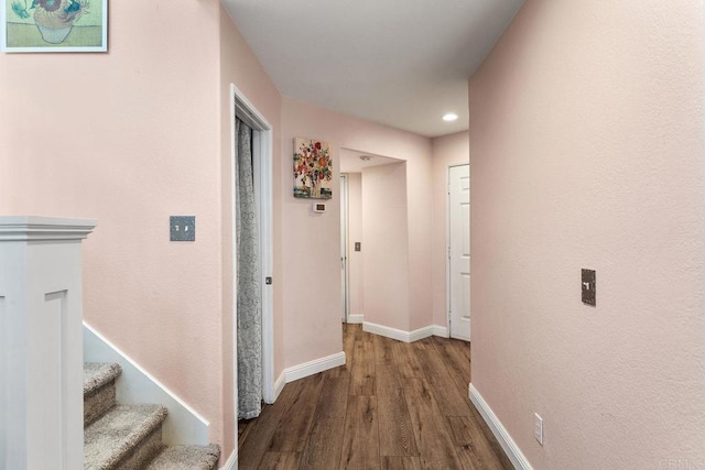 4610 Los Alamos Way Unit C, Oceanside, CA 92057 - hallway with wood finished floors, baseboards, recessed lighting, and stairway