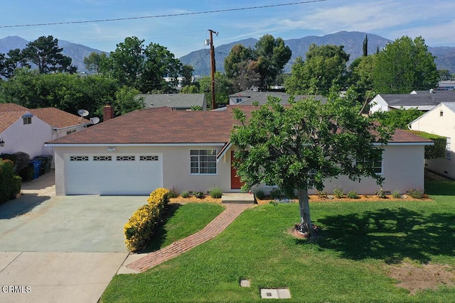 139 Spanner St, Monrovia, CA 91016 - ranch-style home with driveway, stucco siding, an attached garage, and a mountain view