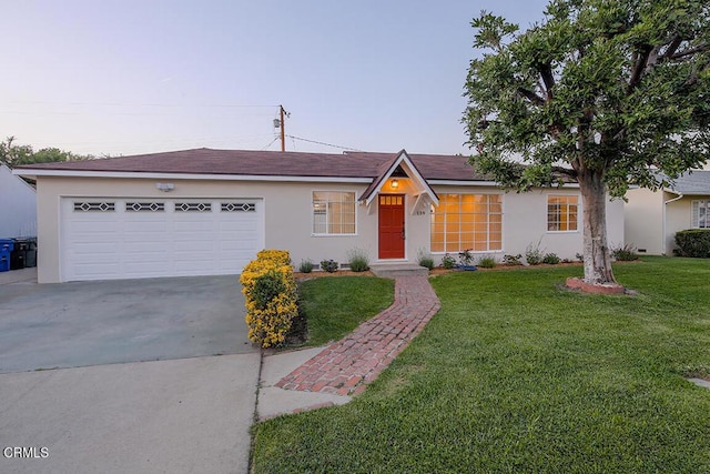 139 Spanner St, Monrovia, CA 91016 - ranch-style house with stucco siding, driveway, a front lawn, and a garage