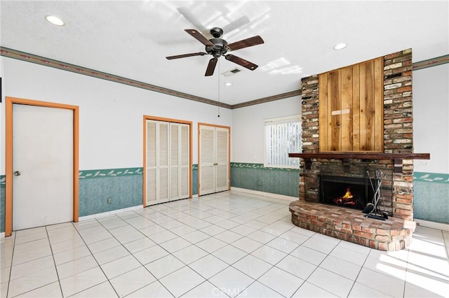 344 E Reed St, Covina, CA 91723 - unfurnished living room with a ceiling fan, a brick fireplace, baseboards, recessed lighting, and crown molding