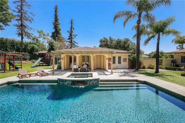 755 Carriage House Dr, Arcadia, CA 91006 - view of swimming pool with a patio, a playground, and a pool with connected hot tub