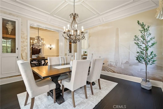 755 Carriage House Dr, Arcadia, CA 91006 - dining space featuring a chandelier, coffered ceiling, dark wood-style floors, ornamental molding, and a decorative wall