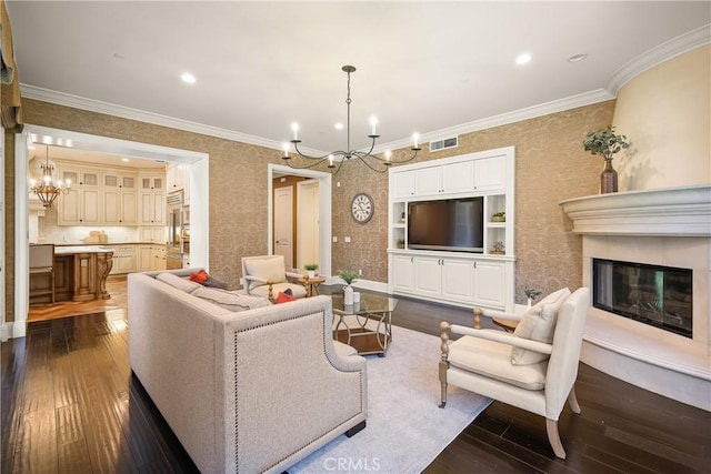 755 Carriage House Dr, Arcadia, CA 91006 - living area with a chandelier, dark wood-type flooring, a fireplace, crown molding, and recessed lighting