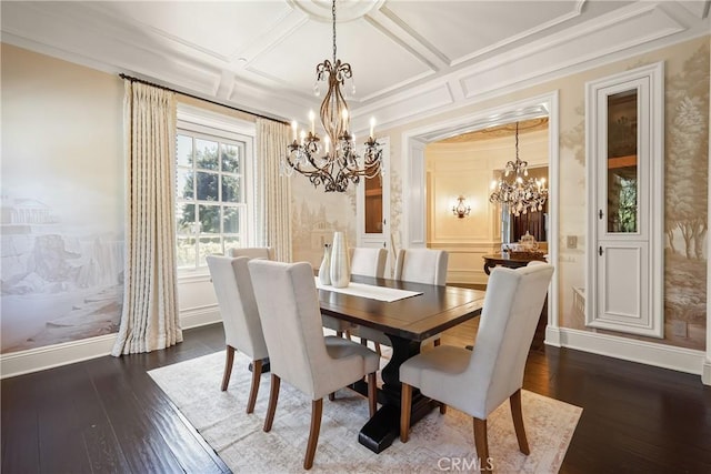 755 Carriage House Dr, Arcadia, CA 91006 - dining space featuring a chandelier, dark wood-type flooring, baseboards, coffered ceiling, and crown molding