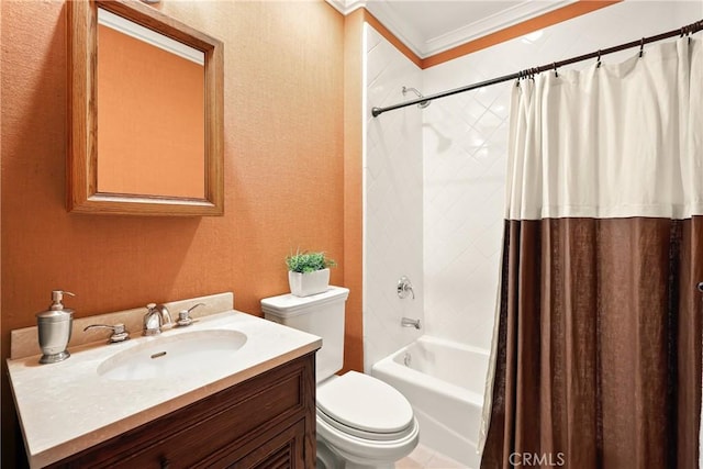 755 Carriage House Dr, Arcadia, CA 91006 - full bath with ornamental molding, toilet, vanity, shower / bath combination with curtain, and a textured wall