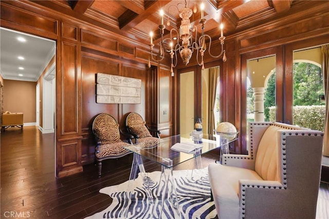 755 Carriage House Dr, Arcadia, CA 91006 - living area with crown molding, a chandelier, coffered ceiling, dark wood finished floors, and wooden ceiling with exposed beams