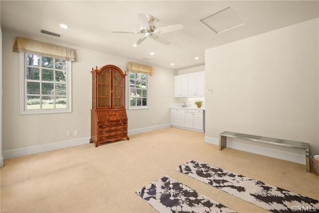 755 Carriage House Dr, Arcadia, CA 91006 - living room featuring attic access, light colored carpet, recessed lighting, baseboards, and ceiling fan